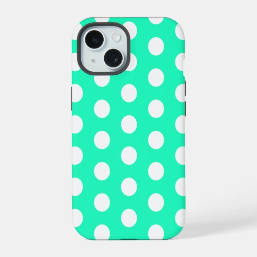 Mint Green und White Polka Dots iPhone 15 Hülle (Rückseite)