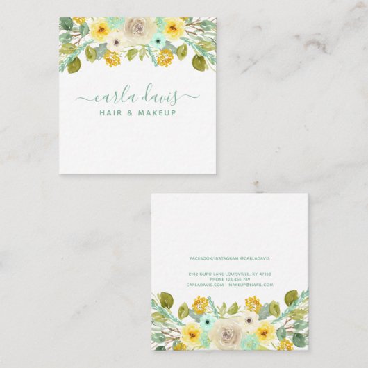 Mint Green und Yellow Floral Elegante Makeup Artis Quadratische Visitenkarte (Vorne/Hinten)