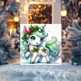 Mint Green Unicorn mit Holly Crown Feiertagskarte