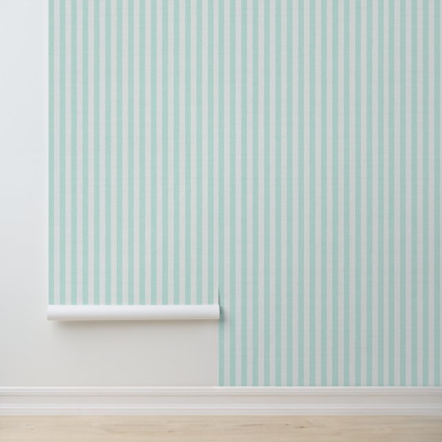 Mint Green Vertical Stripes Linen Texture Coastal Tapete (Anwendung)