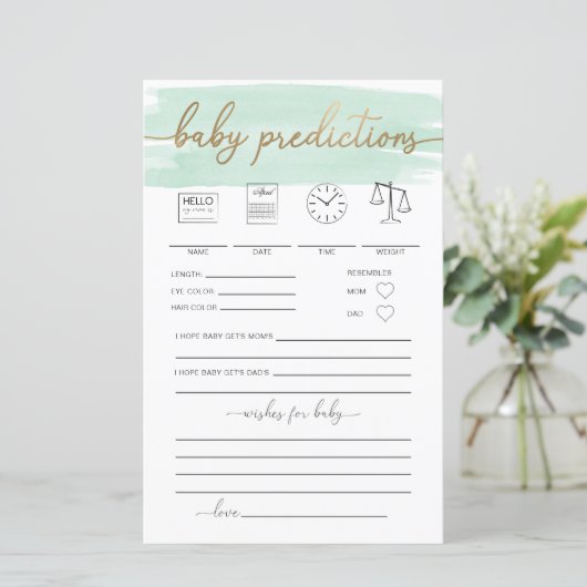 Mint Green Watercolor Baby Predictions Game (Stehend Vorderseite)