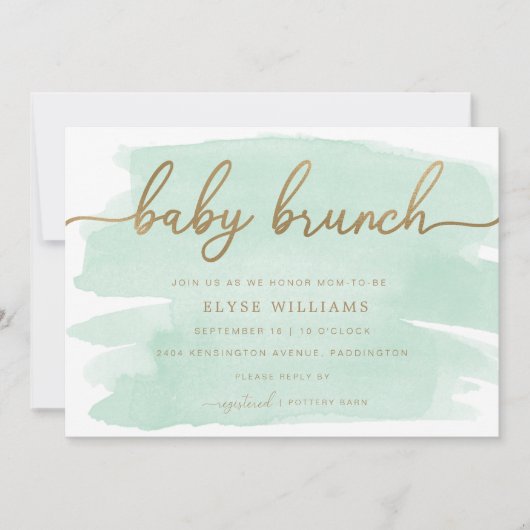 Mint Green Watercolor Gold Baby Brunch Einladung (Vorderseite)