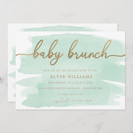 Mint Green Watercolor Gold Baby Brunch Einladung (Vorne/Hinten)