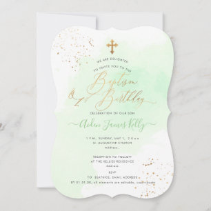 Mint Green Watercolor Taufe+1. Geburtstag Einladung