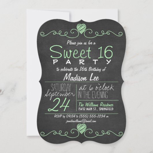 Mint Green, White Chalkboard Rustikales Sweet 16 P Einladung (Vorderseite)