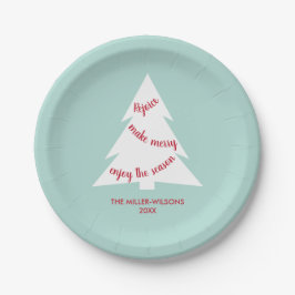 Mint Green White Christmas Tree Name Holiday Party Pappteller