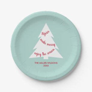 Mint Green White Christmas Tree Name Holiday Party Pappteller