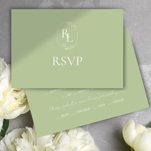 Mint Green & White Floral Monogram Wedding RSVP Karte