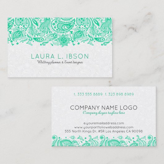Mint-Green & White Floral Paisley Lace Visitenkarte (Vorne/Hinten)