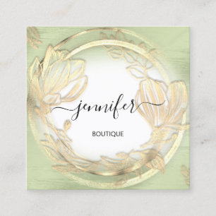 Mint Green White Gold Floral QRCode Logo Square Quadratische Visitenkarte