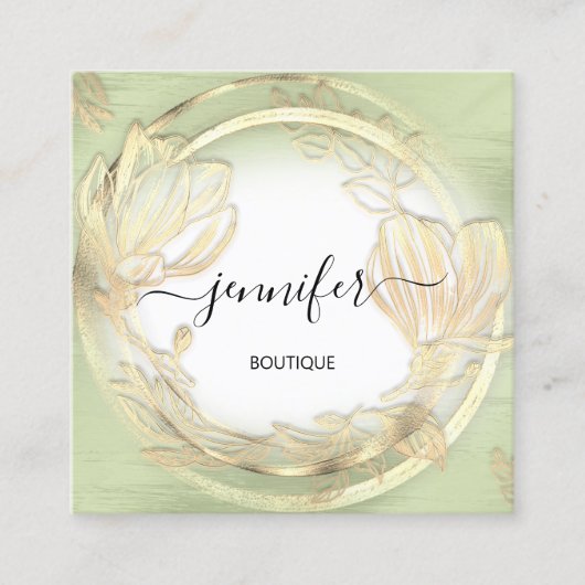 Mint Green White Gold Floral QRCode Logo Square Quadratische Visitenkarte (Vorderseite)