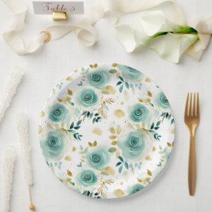 Mint Green White Gold Rose Blumenmuster Brautparty Pappteller