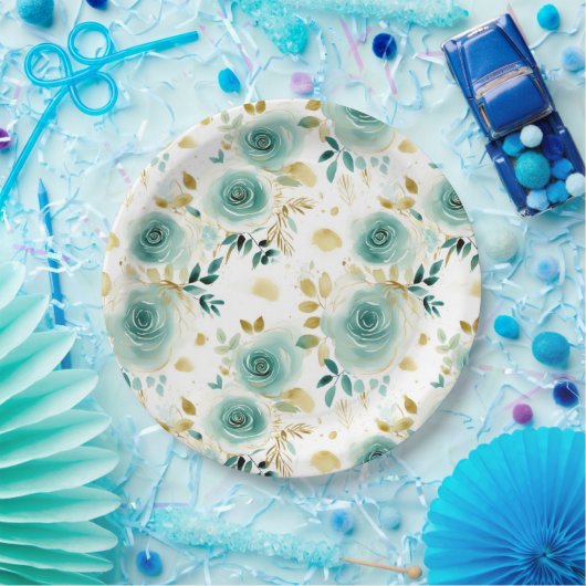 Mint Green White Gold Rose Blumenmuster Brautparty Pappteller (Party)