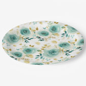 Mint Green White Gold Rose Blumenmuster Brautparty Pappteller (Schrägansicht)