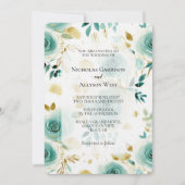 Mint Green White Gold Rose Hochzeit Einladung (Vorderseite)