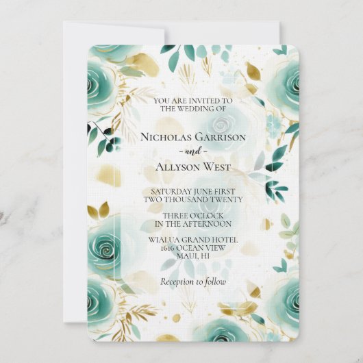 Mint Green White Gold Rose Hochzeit Einladung (Vorderseite)