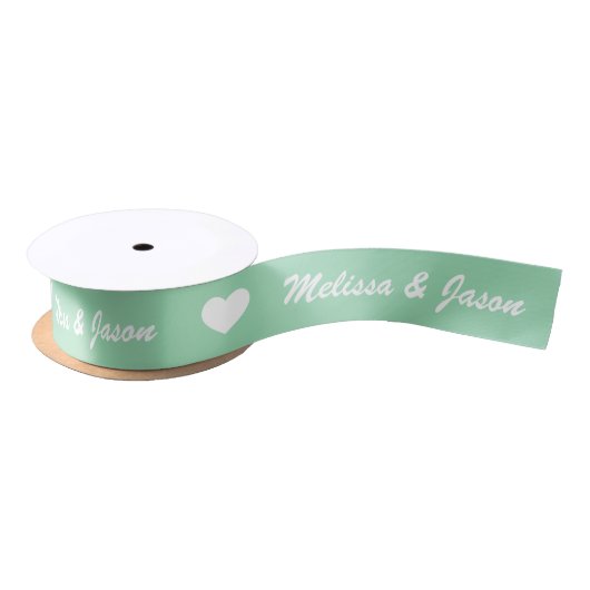 Mint Green & White Hearts & Wedding Couple Names Satinband (Spule)