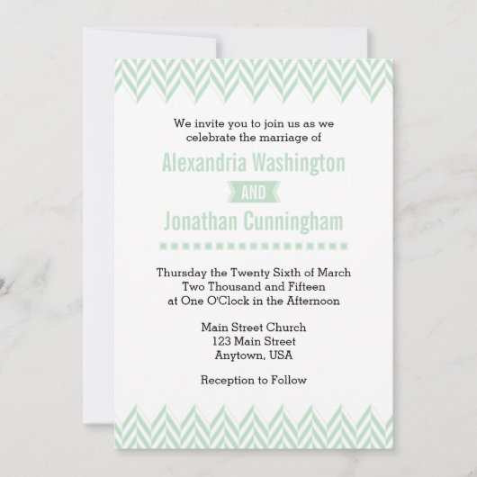 Mint Green White Herringbone Hochzeitseinladung Einladung (Vorderseite)