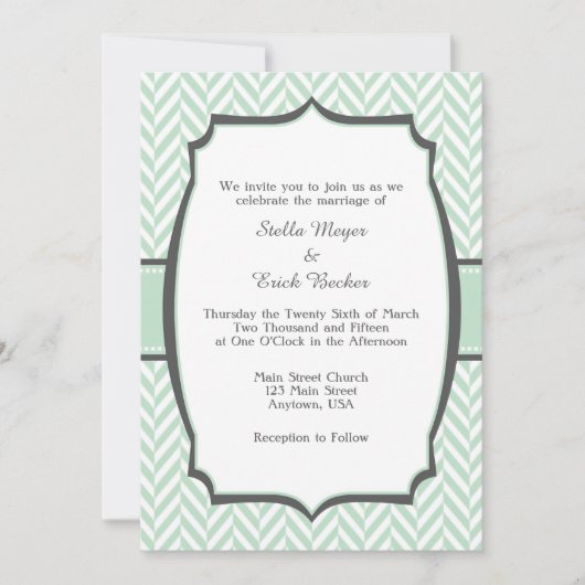 Mint Green White Herringbone Hochzeitseinladung Einladung (Vorderseite)