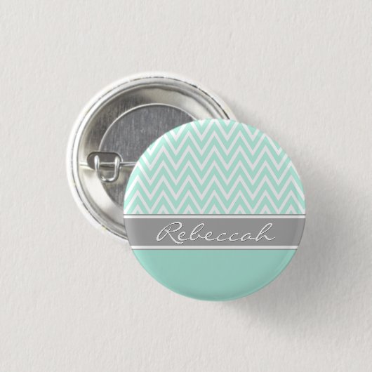 Mint Green White Zickzack Zigzag Muster Grau Name Button (Vorne & Hinten)