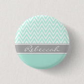 Mint Green White Zickzack Zigzag Muster Grau Name Button (Vorderseite)