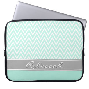 Mint Green White Zickzack Zigzag Muster Grau Name Laptopschutzhülle