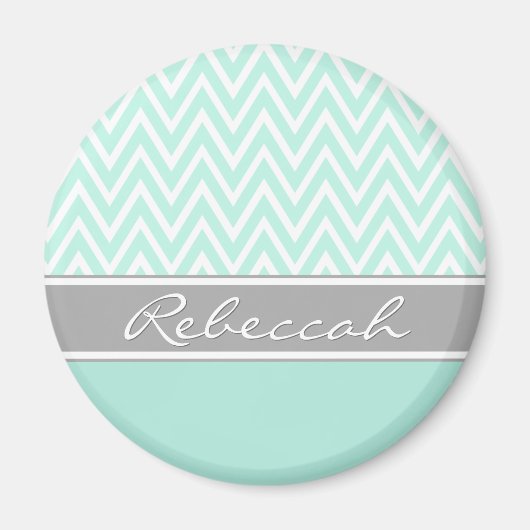 Mint Green White Zickzack Zigzag Muster Grau Name Magnet (Vorne)