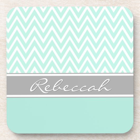 Mint Green White Zickzack Zigzag Muster Grau Name Untersetzer (Vorderseite)
