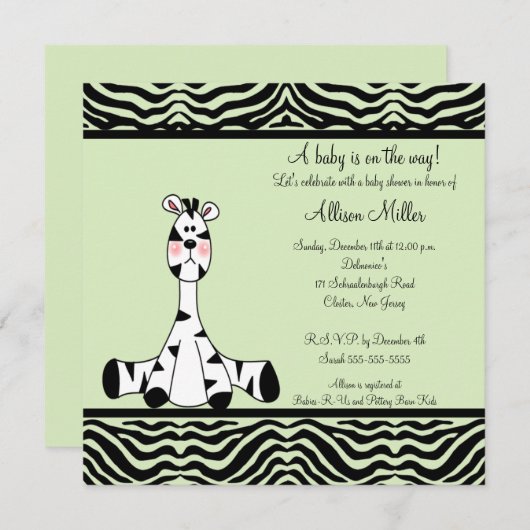 Mint Green Zebra Neutral Baby Dusche Einladung (Vorne/Hinten)