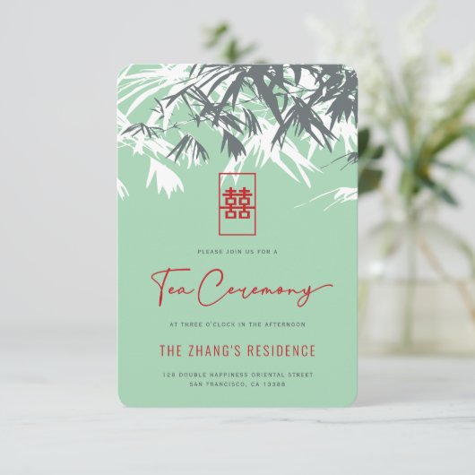 Mint Green Zen Bamboo Verlasse chinesische Teezere Begleitkarte (Stehend Vorderseite)