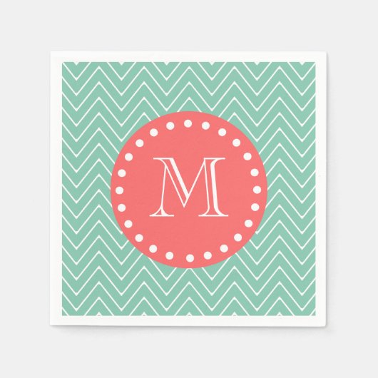 Mint Green Zickzack Pattern | Korallenmonogramm Serviette (Vorderseite)
