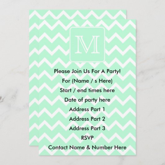 Mint Green Zigzag mit Custom Monogram. Einladung (Vorne/Hinten)