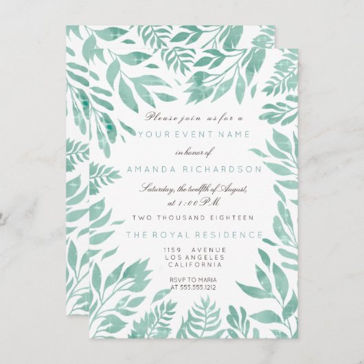 Mint grüne, weiße Glitzer Blätter Blumenrahmen Einladung (Vorne/Hinten)