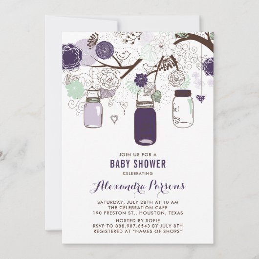 Mint Hanging Mason Jars Floral Baby Dusche Einladung (Vorderseite)