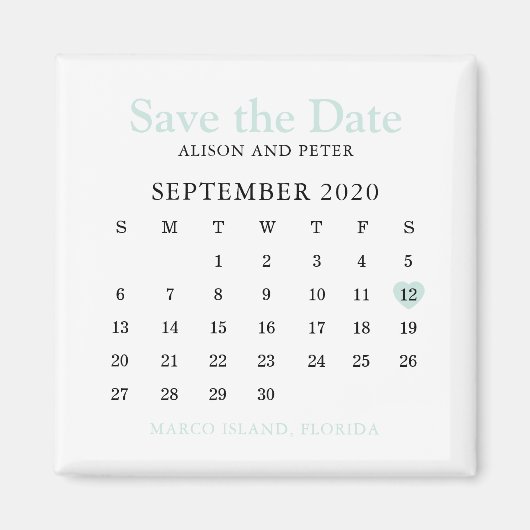 Mint Heart Kalender Hochzeit speichern Sie das Dat Magnet (Vorne)