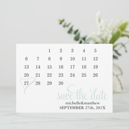 Mint Heart Kalender Hochzeit speichern Sie das Dat Save The Date (Stehend Vorderseite)