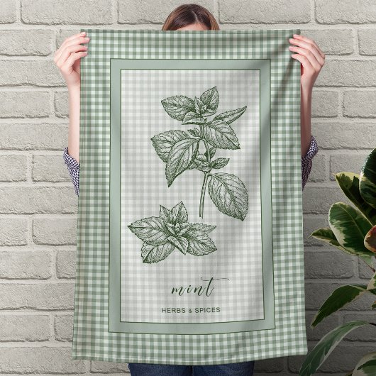 Mint Herb Kitchen Towel – Green Gingham Border Geschirrtuch