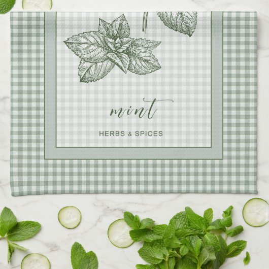 Mint Herb Kitchen Towel – Green Gingham Border Geschirrtuch (Gefaltet)