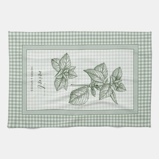 Mint Herb Kitchen Towel – Green Gingham Border Geschirrtuch (Horizontal)