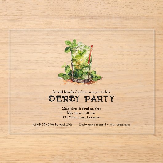 Mint Julep Derby Party Acryleinladungen (Vorderseite)