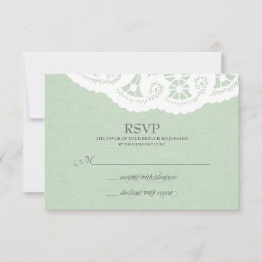 Mint Lace Doily Wedding RSVP Karte (Vorderseite)