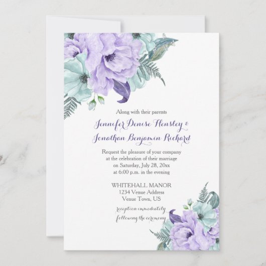 Mint Lavender Lila Wasserfarbenpeonies Hochzeit Einladung (Vorderseite)