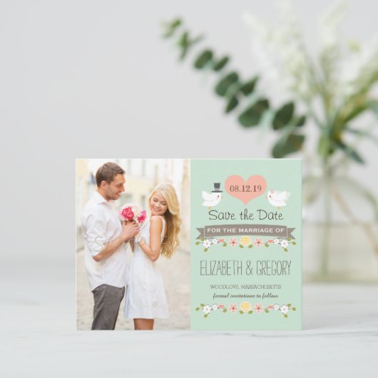 MINT LIEBE VÖGEL SAVE THE DATE ANKÜNDIGUNGSPOSTKARTE (Stehend Vorderseite)