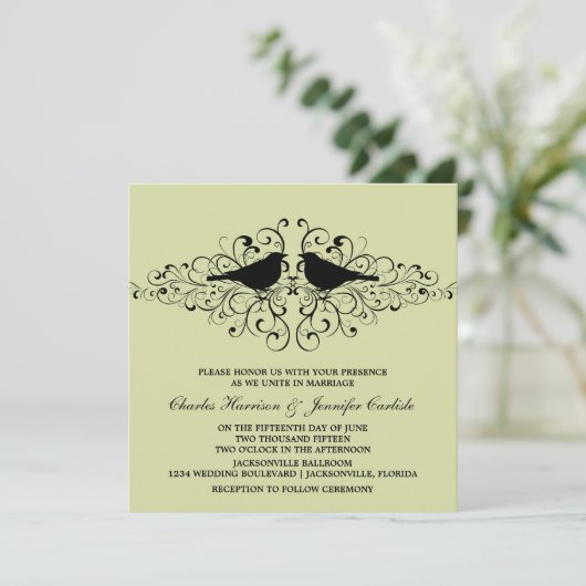 Mint Love Bird Wirbel Hochzeit Einladung (Stehend Vorderseite)