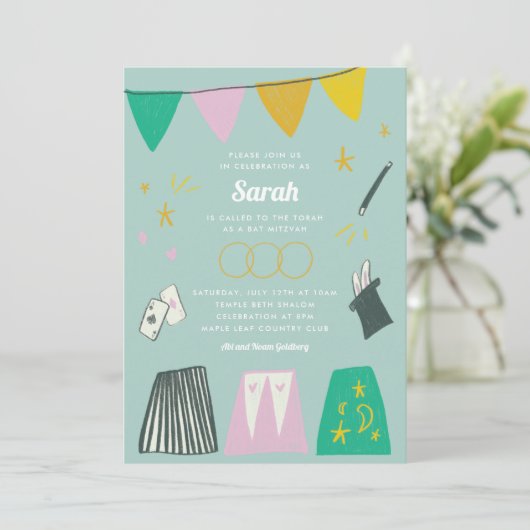 Mint Magic Show Bar Bat Mitzvah Einladung (Stehend Vorderseite)