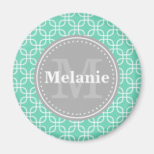 Mint Modern Squares Muster Grau Monogramm Magnet