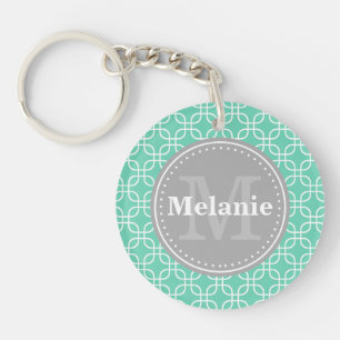 Mint Modern Squares Muster Grau Monogramm Schlüsselanhänger