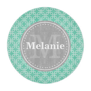 Mint Modern Squares Muster Grau Monogramm Schneidebrett