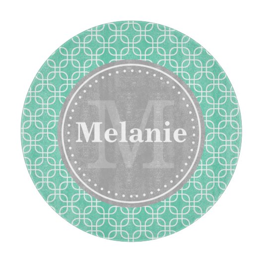 Mint Modern Squares Muster Grau Monogramm Schneidebrett (Vorderseite)