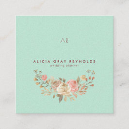 Mint Monogram Watercolor Floral Wedding Planner Quadratische Visitenkarte